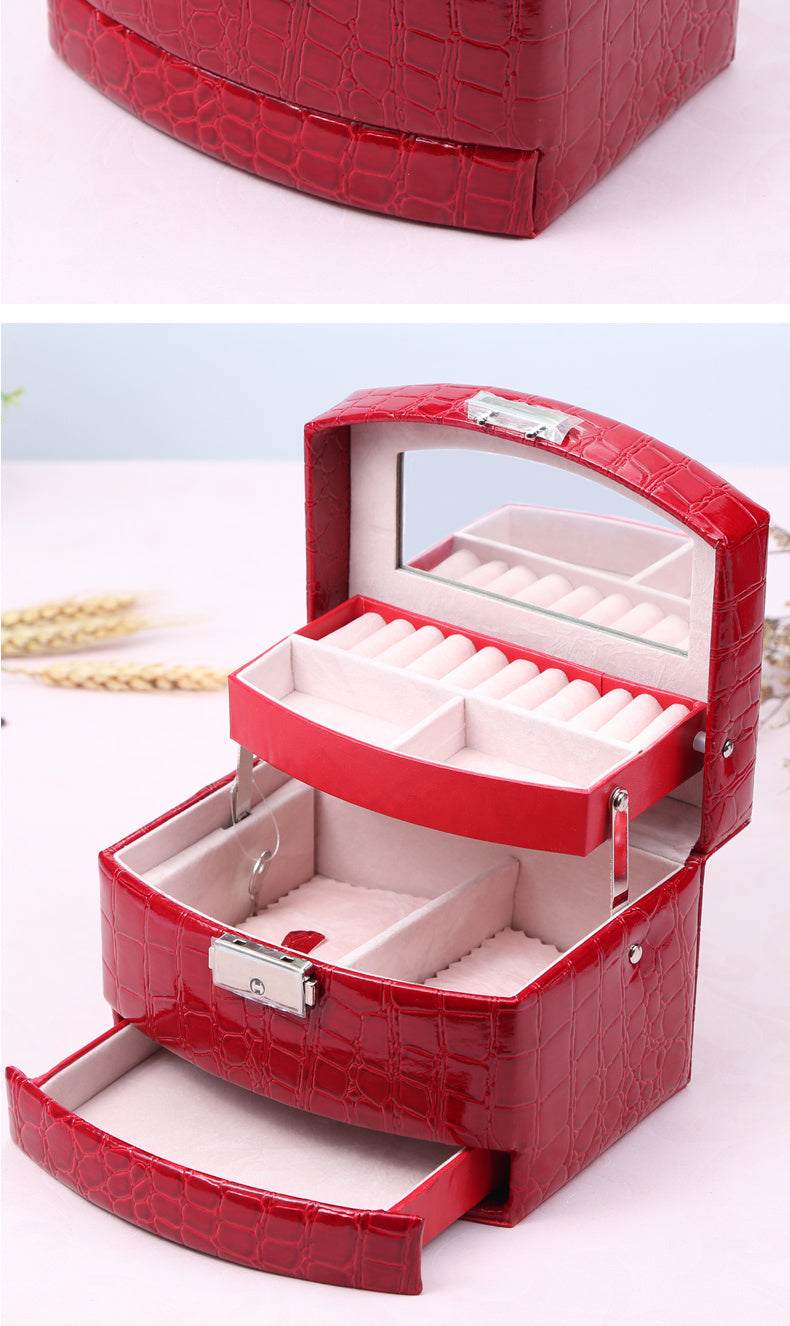 Three Layer Leather Jewelry Organizer Box with Storage Compartments