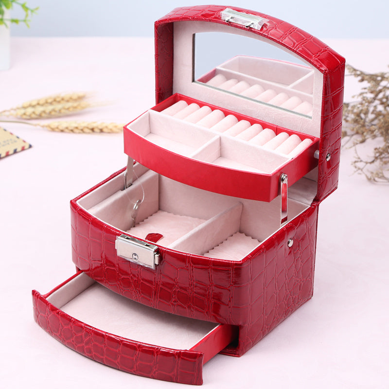 Three Layer Leather Jewelry Organizer Box with Storage Compartments