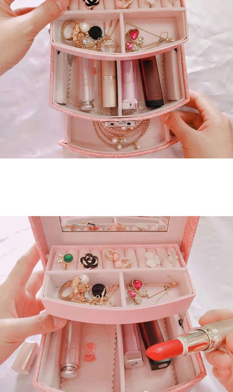 Three Layer Leather Jewelry Organizer Box with Storage Compartments