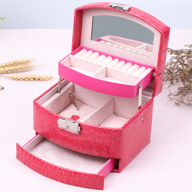 Three Layer Leather Jewelry Organizer Box with Storage Compartments