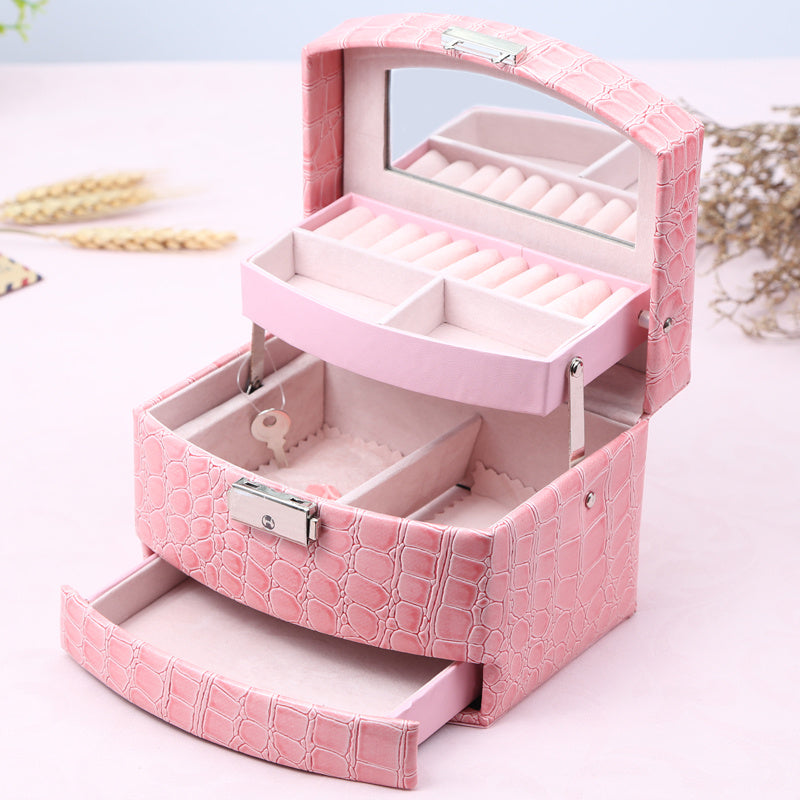 Three Layer Leather Jewelry Organizer Box with Storage Compartments