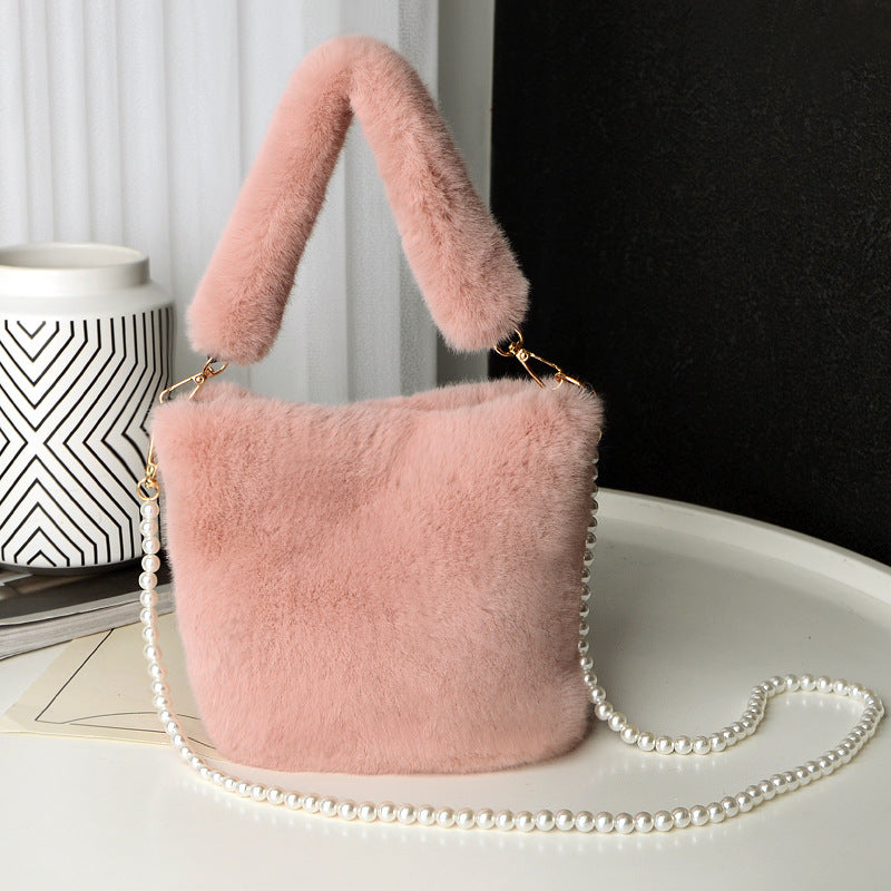 Checkerboard Plush Bucket Bag Pearl Chain Winter Luxury Women’s Handbag