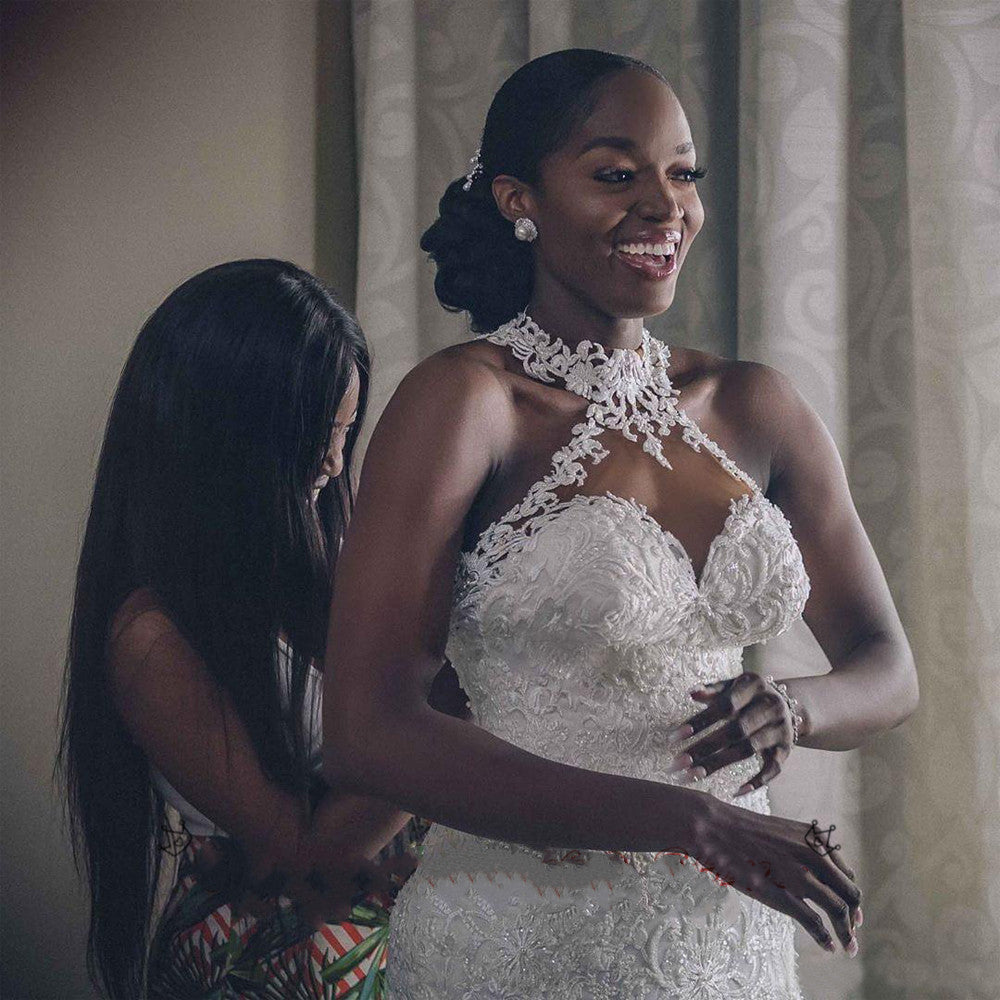 Vintage Lace Beaded Mermaid Wedding Dress with Sheer Neckline