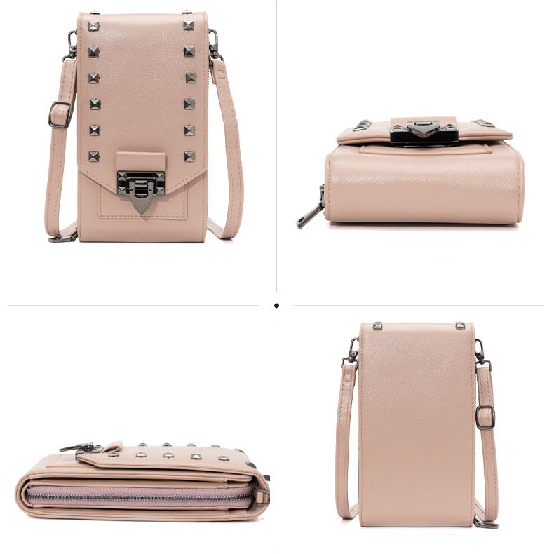 Women’s Rivet Design Crossbody Shoulder Bag Solid Color Phone Handbag