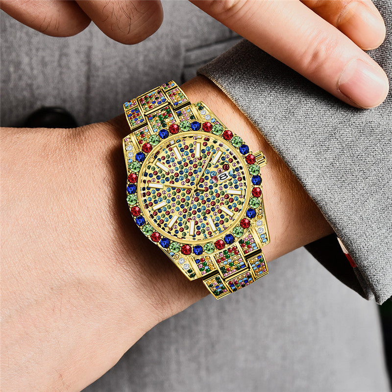 Hip Hop Style Men’s Diamond Look Quartz Watch with Date Display