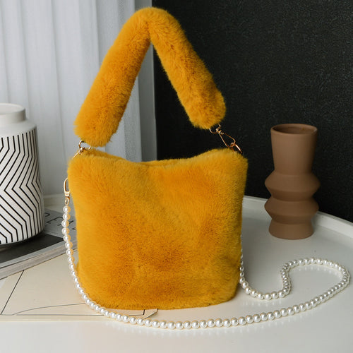 Checkerboard Plush Bucket Bag Pearl Chain Winter Luxury Women’s Handbag